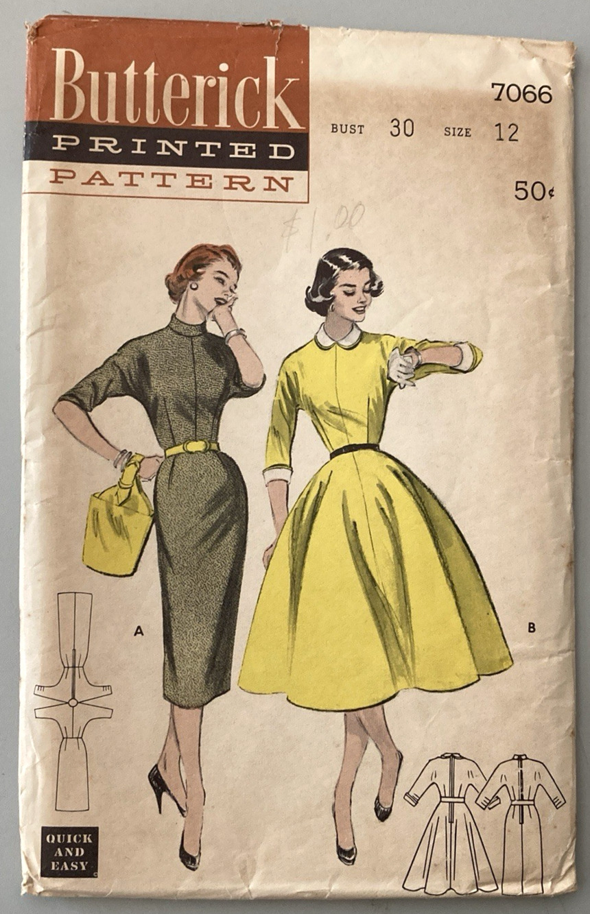 Butterick 7066 Misses Dress Pattern Size 12: Slim or Flared Styles (Uncut) 1954